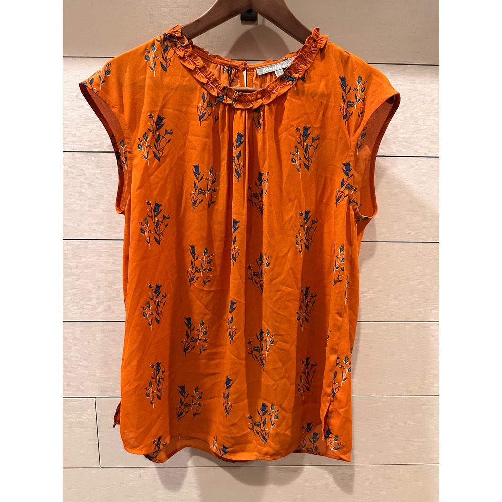 Daniel Rainn Orange Floral Ruffle Neck Cap Sleeve Blouse D16908PR1 Womens Large